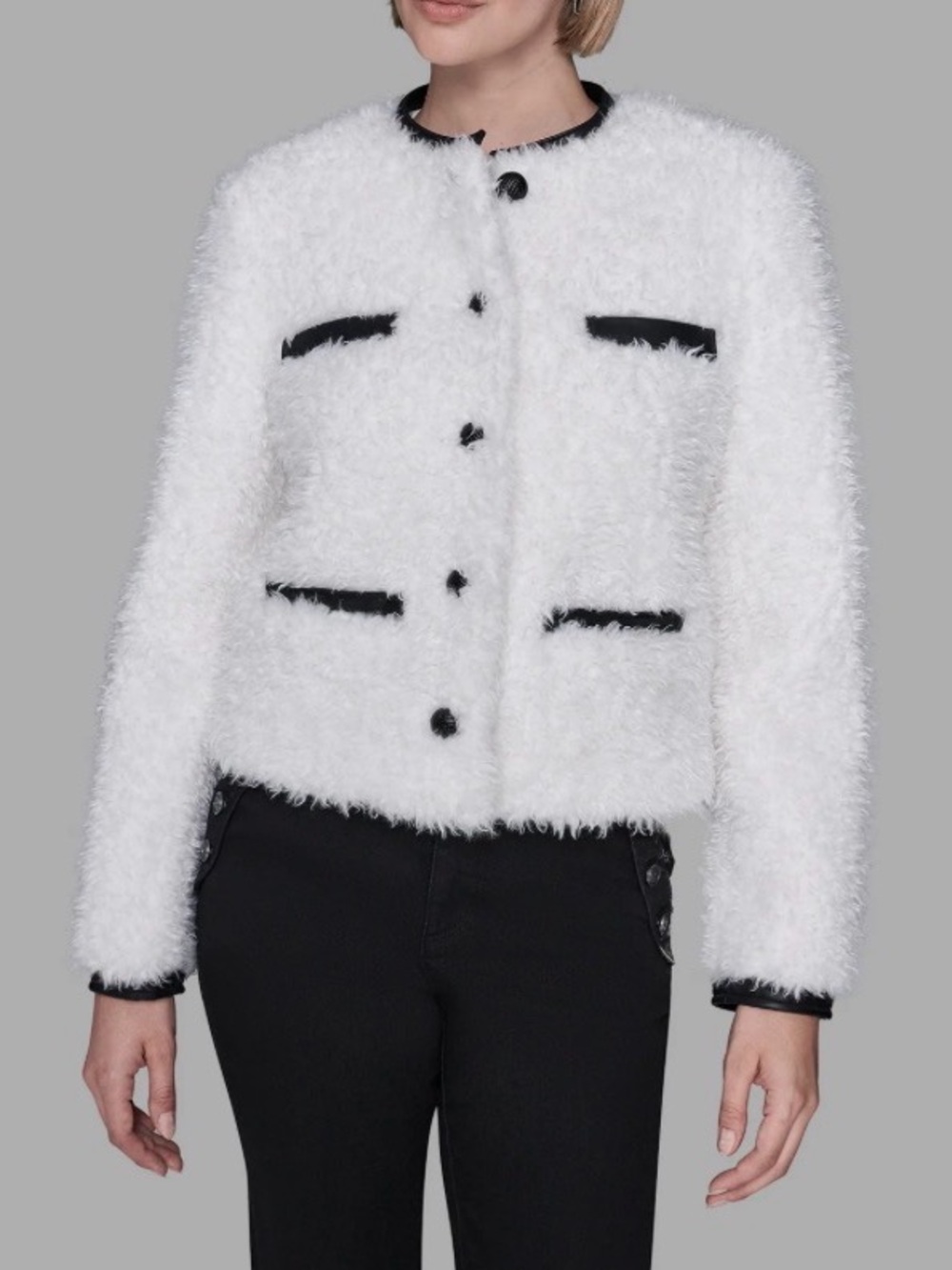 NWT Karl Lagerfeld White Teddy Jacket with Black Trim